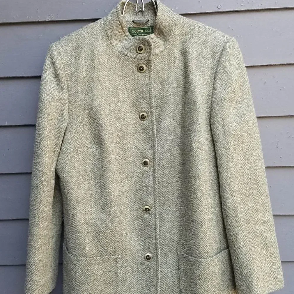 Equorian Heritage Wool Green Herringbone Skirt Suit Set size 12
